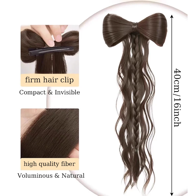 Synthetic Hair Ponytail Wig Hairpiece Bow-shaped Ponytail with Hair Clips Half-up Ponytail with Wavy Hair for Women Daily Use