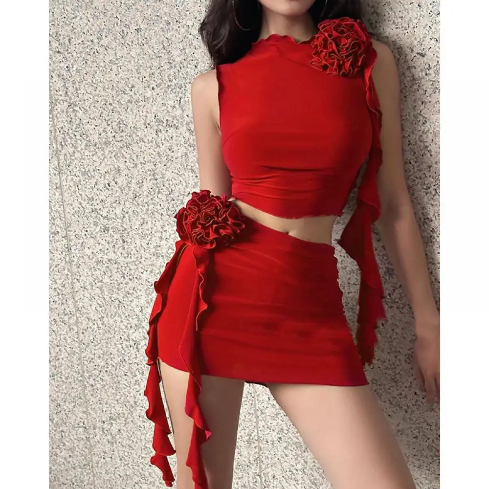 

Women 2024 Summer Sexy Two Piece Fashion Flower Crop Drawstring Tank Bodycon High Waist Mini Skirt Set Tracksuit for Party