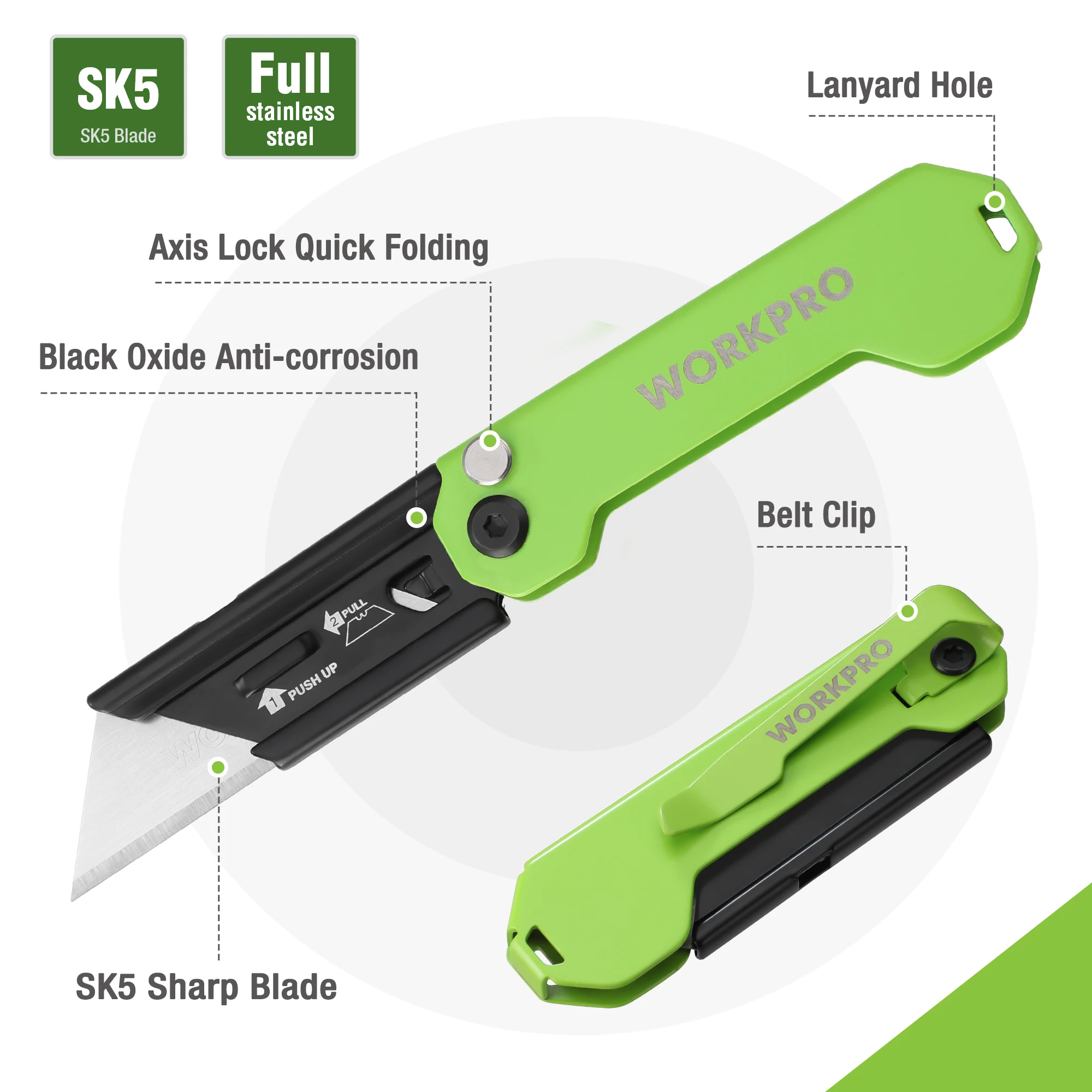 WORKPRO 3-Pack Folding Utility Knife Razor Blade Knife Quick Change Blade Box Cutter EDC Pocket Knife with Belt Clip folding utility knife