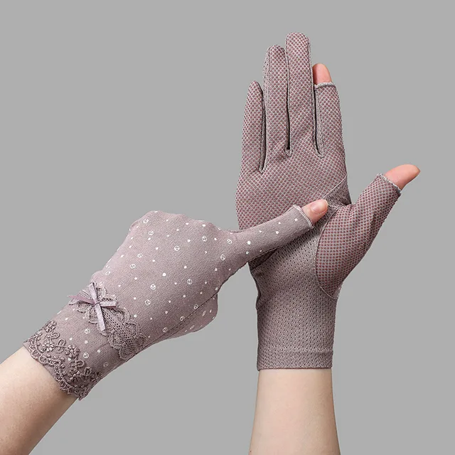 Summer Autumn Women Thin Lace Show Fingers Leak Fingers Riding Driving Cycling UV Protection Sun Protection Fingerless Gloves 1