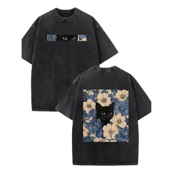 Vintage Washed T-Shirt Cute Cat Floral Back Print Graphic Tee Retro Streetwear for Men/Women Casual Daily Wea Trendy Summer Top