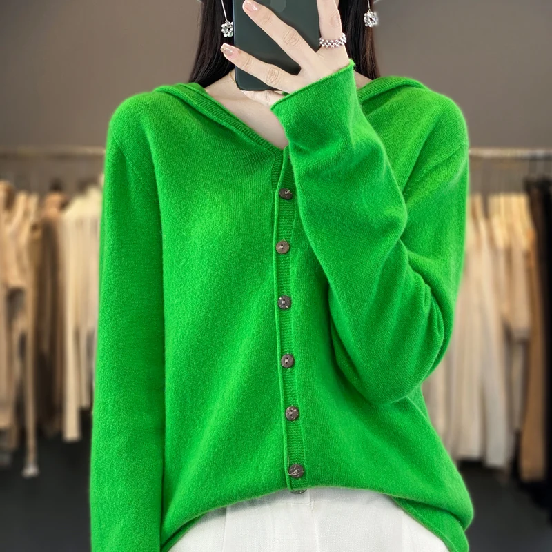 Fall/Winter 2024 New 100% Merino Sweater Women's Hooded Cardigan Loose Sweater Long Sleeve Button Knitted Sweater Jacket 2