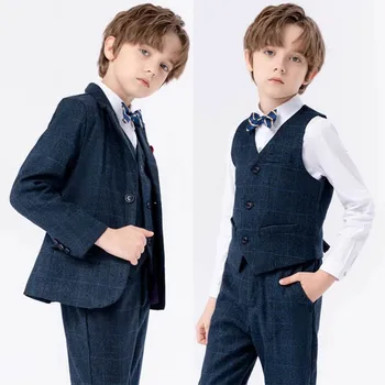 남아 웨딩 원피스, 체크 무늬 게리 재킷, 조끼 바지, 나비 넥타이, 사진 세트, 어린이 턱시도 원피스, 생일 파티 코스튬, 4 개