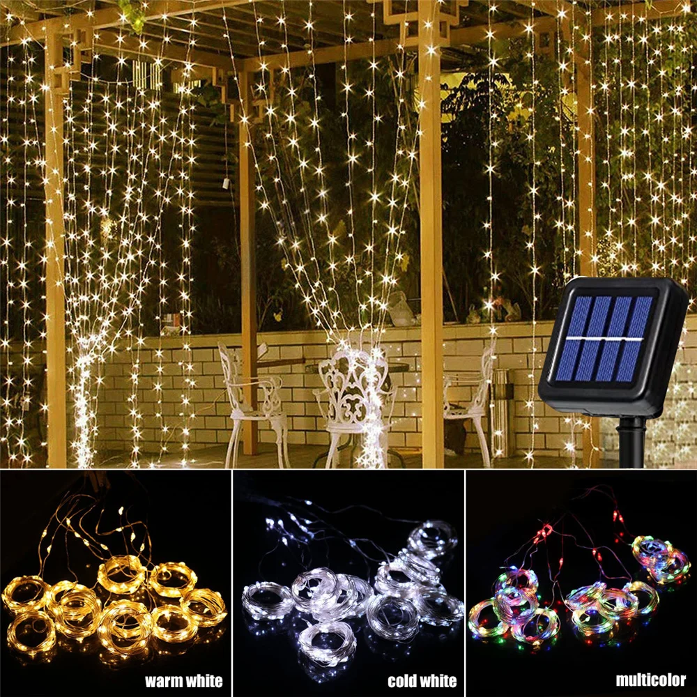 Decorative Lights Outdoor Solar Curtain 300LED Waterproof String Lights Garden Yard Pavilion Fairy Garland Holiday