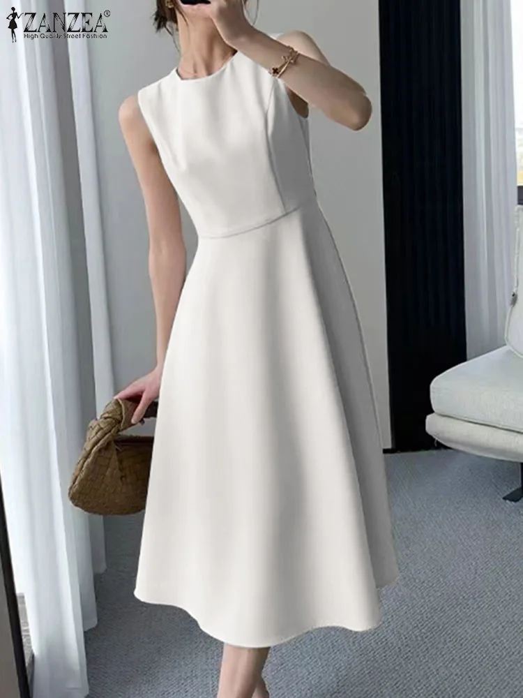 

Women Sleeveless Long Dress 2024 Summer ZANZEA Elegant Party Sundress Korean Solid Waisted Robes Casual O-neck Tank Midi Dresses