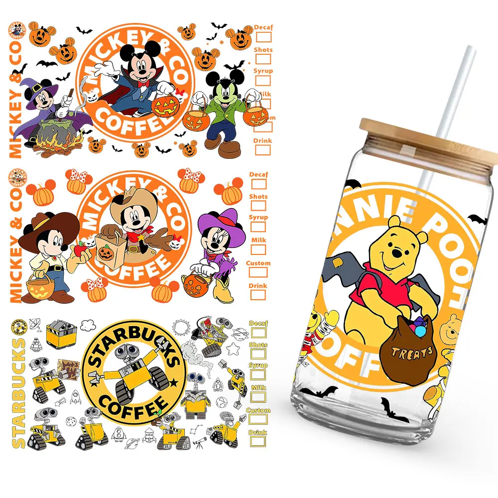 Mickey Coffee Halloween Pumpkin Yoda Winnie the Pooh UV DTF Transfer Sticker Self-Adhesive Individualized Cup Adornments