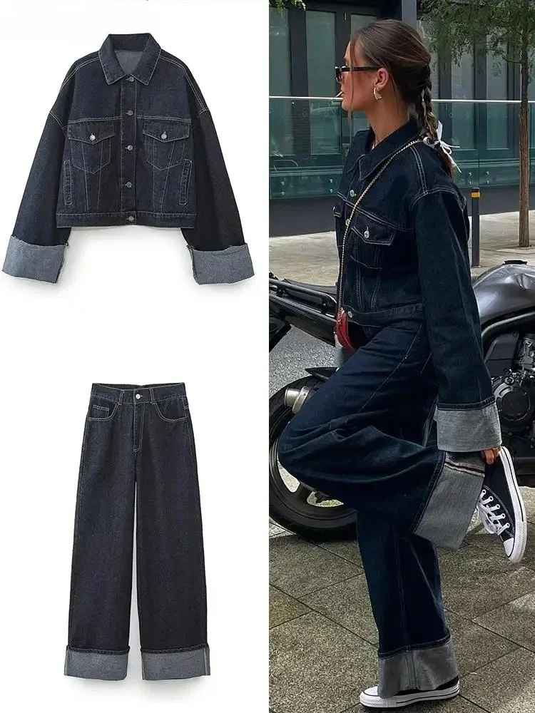 

Fashion Patchwork Women Denim Suit Lapel Long Sleeve Coat Straight Wide Leg Jeans Suits Female Autumn Streetwear Jacket Pant Set