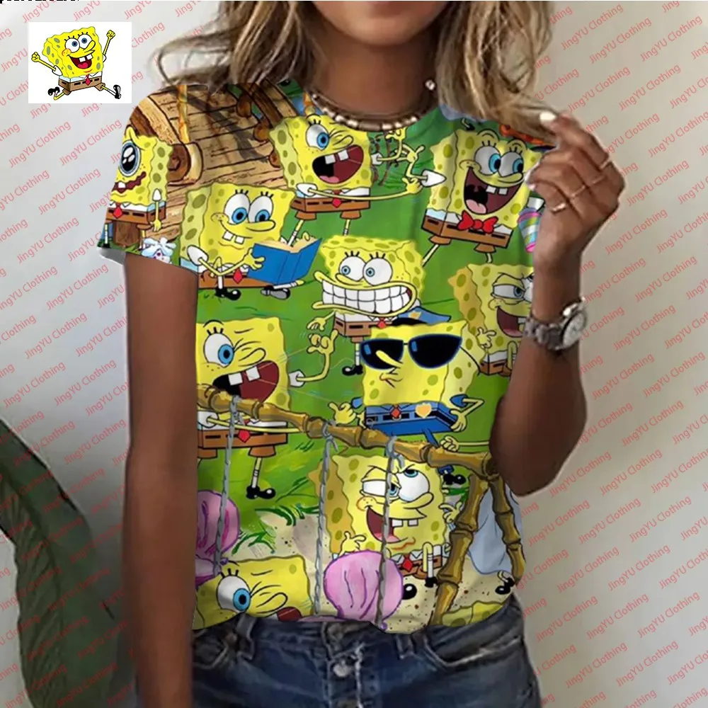 

2023 Summer Street Harajuku New Youth Cute Spongebob Cartoon Print Bottoming Shirt Women's Round Neck T-Shirt y2k