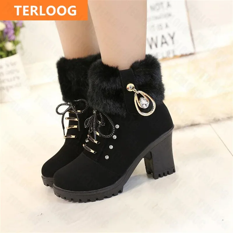 New Winter Women High Heels Shoes Warm Non-slip Block Cow Suede Warm Snow Boots Fashion Designer Crystal Plush Goth Botas
