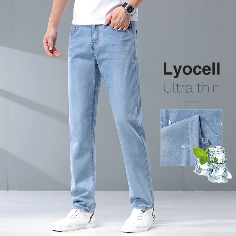 

2024 Summer Classic Lyocell Thin Straight Jeans for Men Business Casual Soft Fabric Elasticity Denim Trousers Male Brand