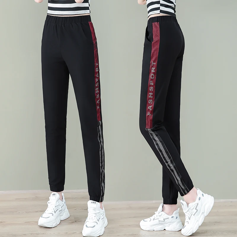 Spring Autumn Women's Clothing Gauze Striped Letter Elastic High Waisted Pockets Bloomers Pencil Trousers Fashionable Pants