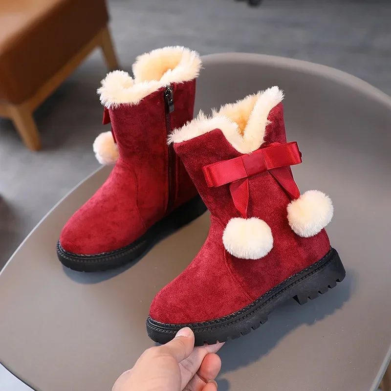 Fashion Girls Cotton Boots Winter Kids Princess Snow Boots Sweet Hairball Bowknot Warm Children's Fluffy Ankle Boots Versatile