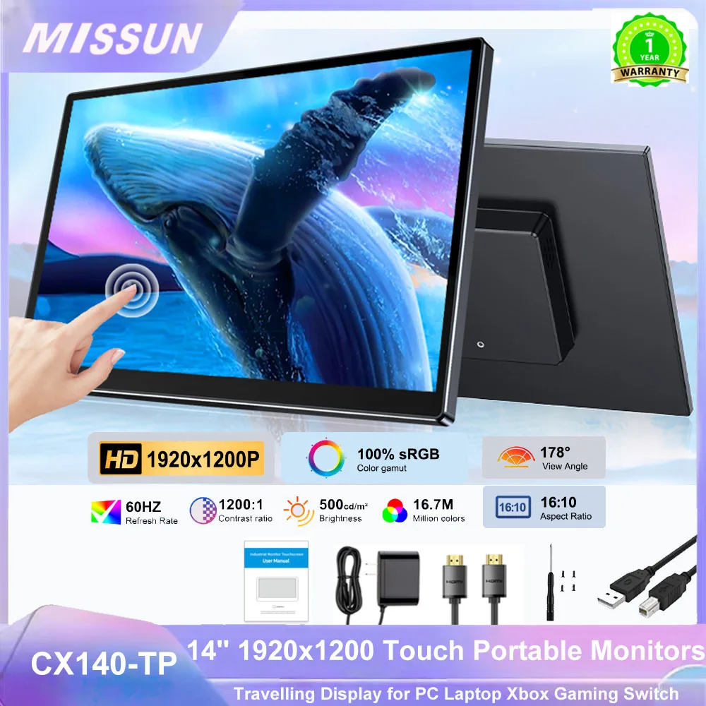 HOWENS 14 인치 1920x1200 휴대용 모니터 터치 스크린 IPS 외부 화면 디스플레이 USB-C HDMI 전화 노트북 PC 자동차 DIY 시스템