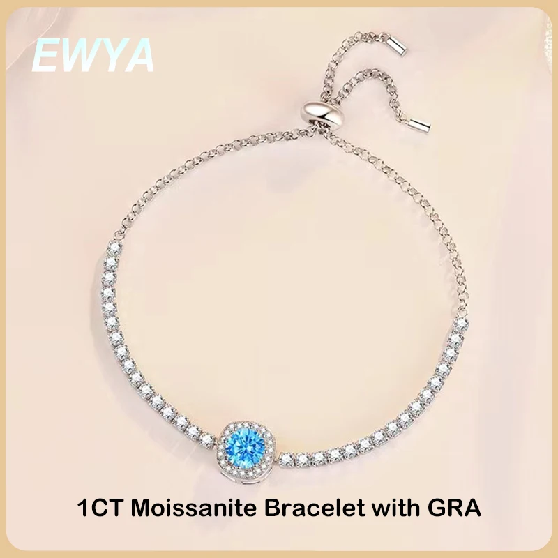 

EWYA 2023 New In 1ct Pink Sea Blue Moissanite Bracelet for Women Wedding Fine Jewelry Real 925 Sterling Silver Chain Bracelets