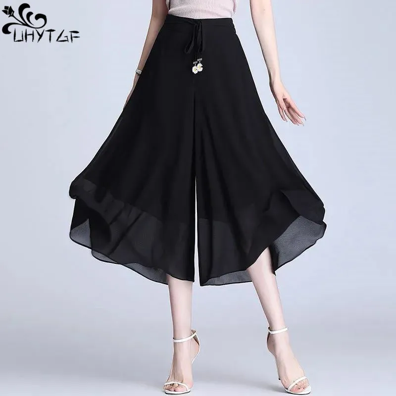 

UHYTGF Seven Points Chiffon Pantskirt Women's Summer New Wide Leg Loose High Waist Elastic Lace-Up Flowing Female Trouser Skirt