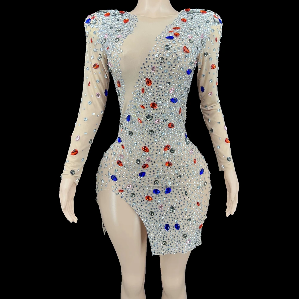 

Блестящее женское короткое Прозрачное платье, праздничное платье на день рождения, наряд для выпускного вечера, сексуальная сценическая одежда певицы с разрезом