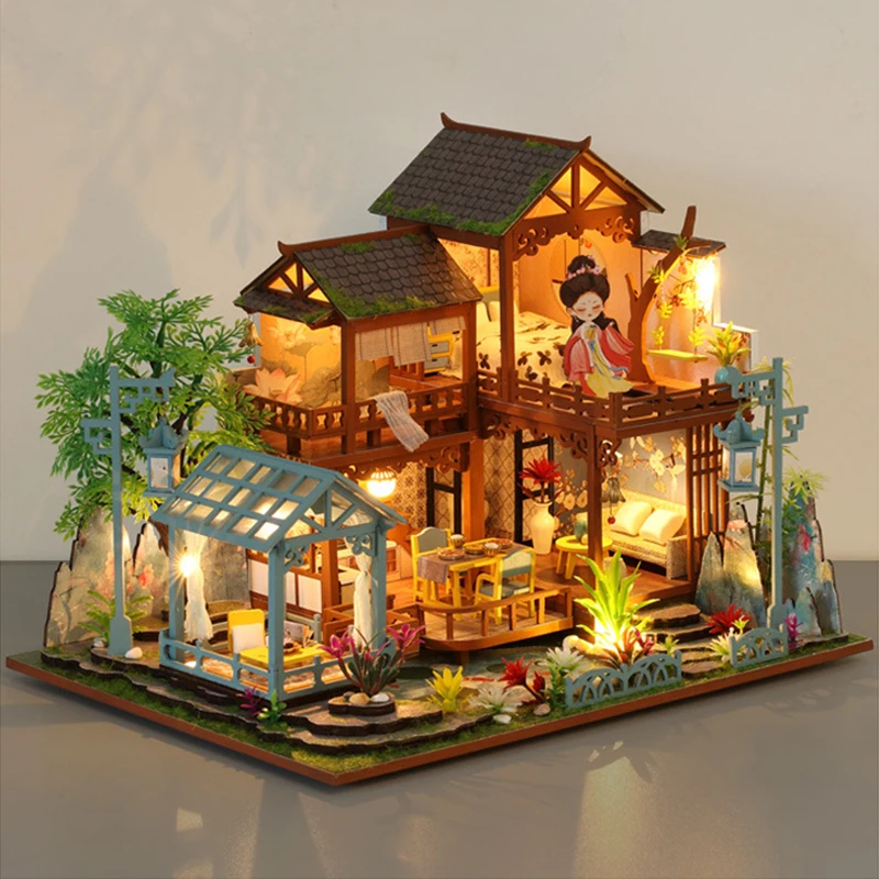 DIY Wooden Doll Houses Chinese Ancient Garden Room Casa Miniature Building Kits with Furniture Led Dollhouse for Adults Gifts 3