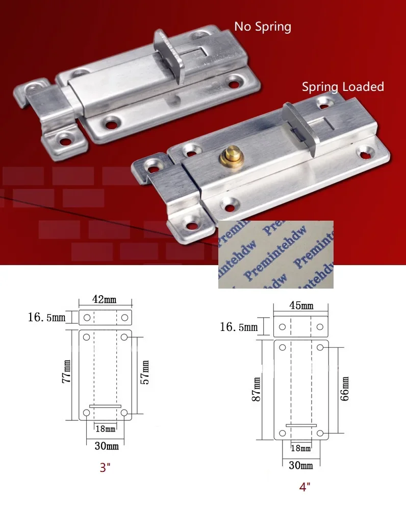 2Pcs/Lot 3" 4" Spring Loaded Slide Lock Latch Barrel Bolt Stainless Steel Home Safety with screws