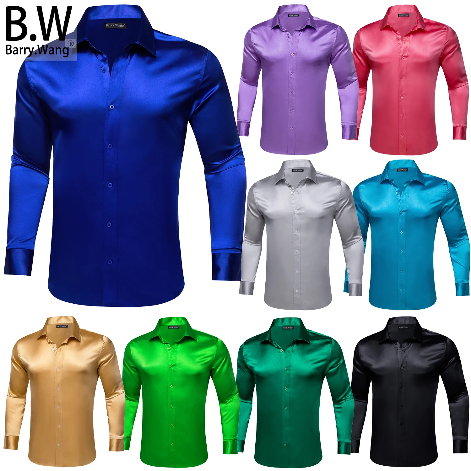 Barry.Wang Luxury Silk Satin Mens Shirts Jacquard Solid Long Sleeve Formal Smooth Plain Male Blouses Stylish Wedding Business