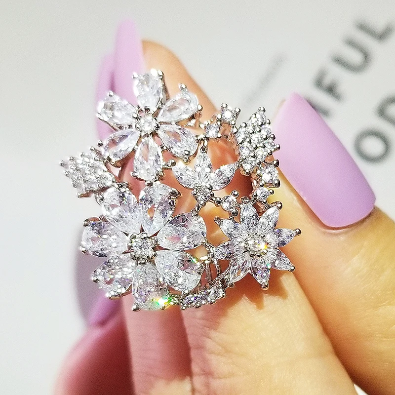 Trendy Luxury Flowers Silver Color Fashion Ring for Girl Lovers Love Party Gift Jewelry R5435 silver rings,silver ring