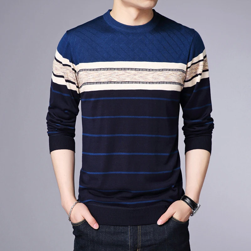 Men's Casual Striped Knit Spring and Autumn Long Sleeved Pullover Fashion Top