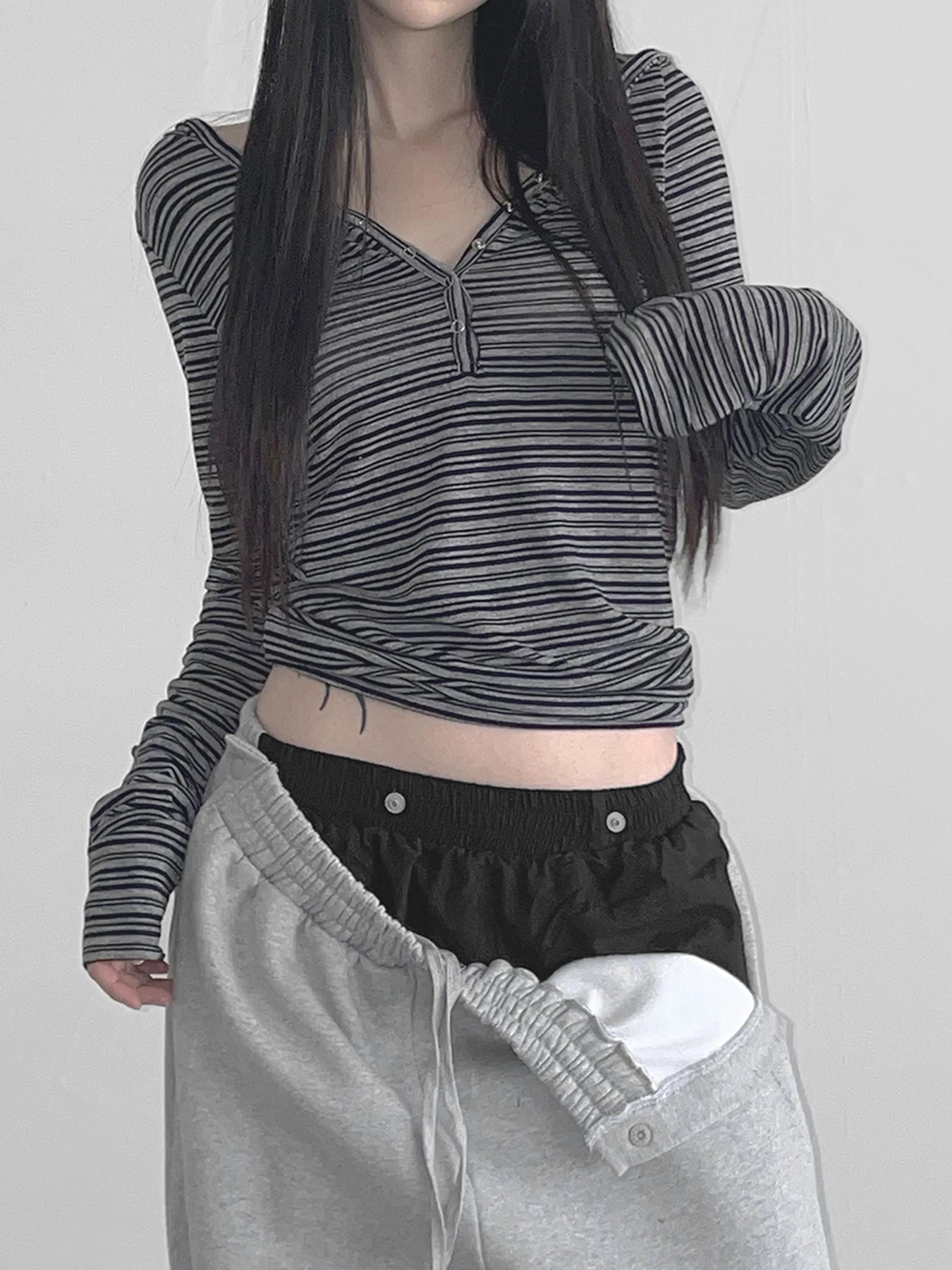 Casual Striped Breasted Long Sleeve Hooded T-Shirts Women Design Slim Fit Simple Fashion Blouses 3