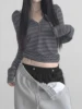Casual Striped Breasted Long Sleeve Hooded T-Shirts Women Design Slim Fit Simple Fashion Blouses 3