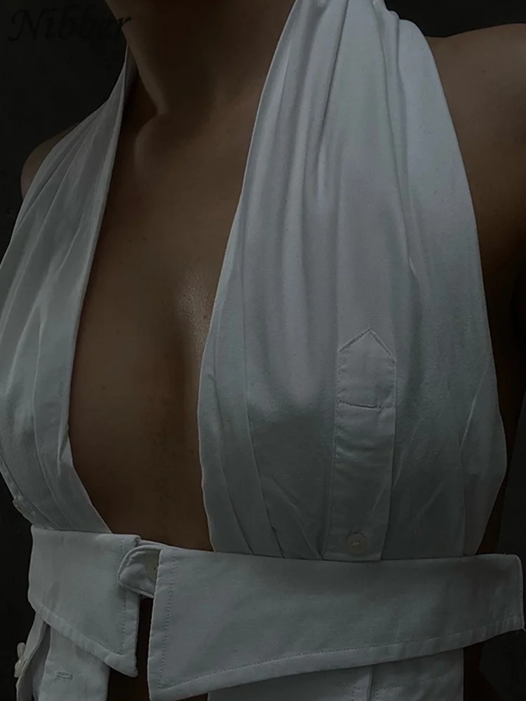 Nibber Summer Women's Solid Color Sexy Halter Tank Top Buttoned Pleats Open Back Lace Up Crop Top Female Midnight Party Tops