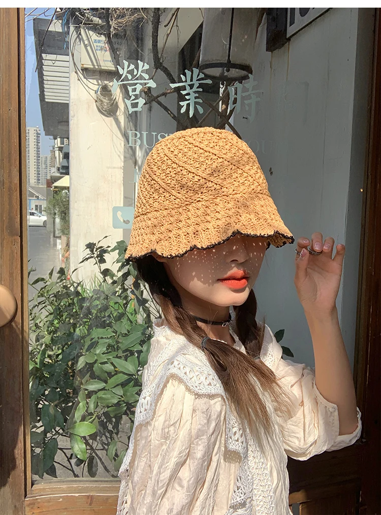 2023 New Woven Bucket Hat Showing Small Face Summer Hollowed