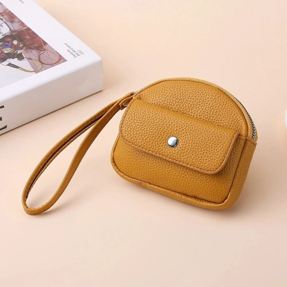 New PU Leather Coin Purse Solid Color Handheld Key Ring Wallet Zipper Closure Wrist Lanyard Credit Card Holder