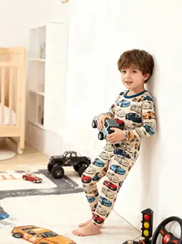 Children's clothes 100% Cotton Pajama Set for boys, fully printed Cartoon car Children's sleepwear Set for 1-8 Years 7