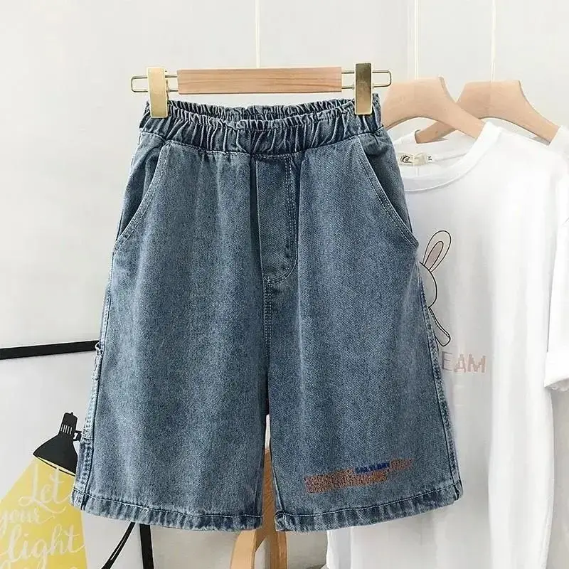 Summer New Elastic Waist Fashion Denim Shorts Women High Street Printing Cotton Pockets Patchwork Ventilate Wide Leg Trousers