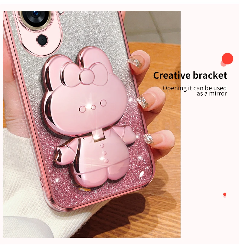 Honor8 Glitter Kaninchen Make-Up Spiegel Halter Fall Für Huawei Honor X8 8 X30 X40 X10 X20 50 9a 9 pro Weiche Abdeckung_voghion.com