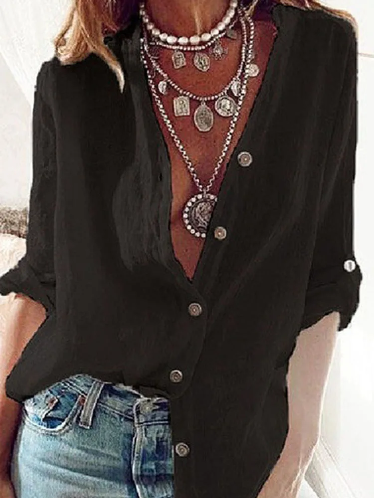 Women Loose Fit V Neck Long Sleeve Blouse