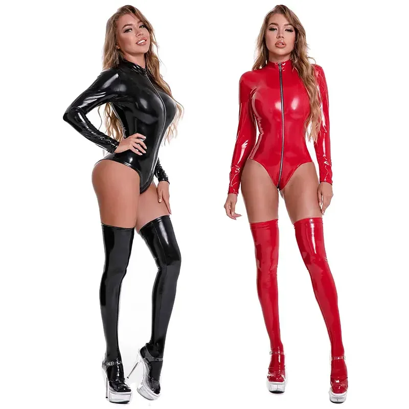 

Sexy Long Sleeve PVC Leather Bodysuits for Women Zip Open Crotch Catsuits Short Jumpsuits Faux Latex Nightclub Dance Playsuits