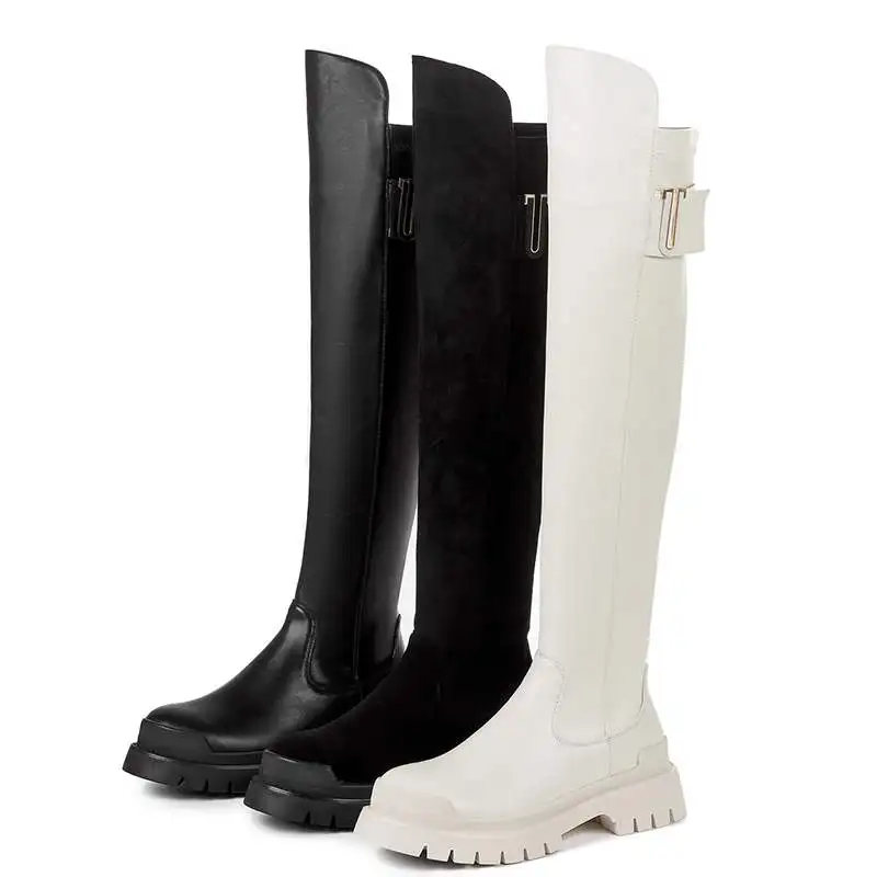 Cow Leather Platform Thigh High Boots Round Toe Casual Winter