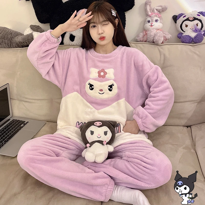 

Cartoon Sanrios Kuromi Household Clothes Winter Leisure Comfort Thickening Plush Sleepwear Sweet Giris Coral Velvet Pajamas