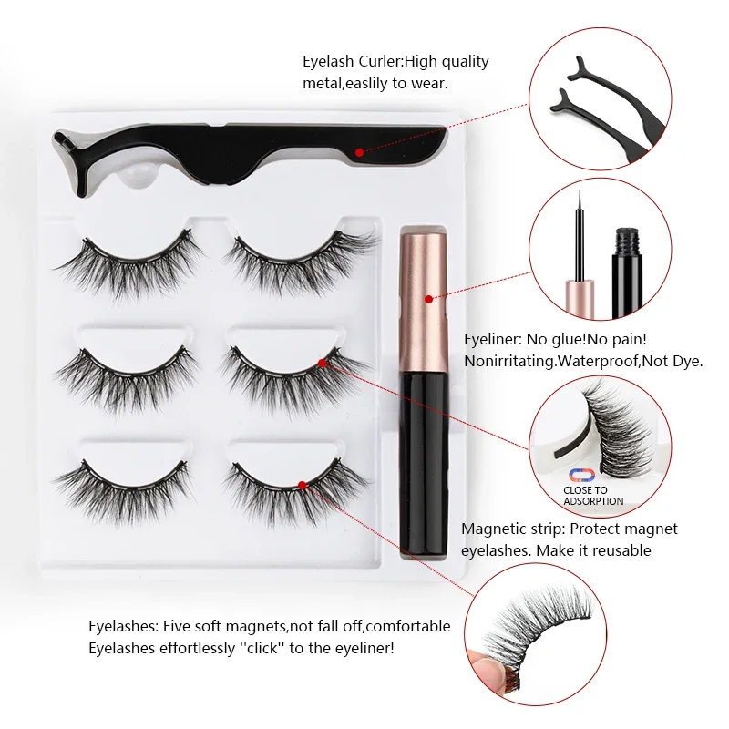 Magnetic Eyelashes Set 1/2/3/4 Pairs Faux Cils Liquid Eyeliner Tweezer Makeup Kit fake eyelashes