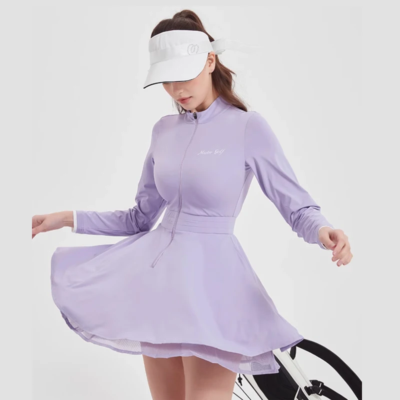 MG sporsts dress new purple long sleeve zip stand collar golf dress woman breathable thin quick dry tennis skirt
