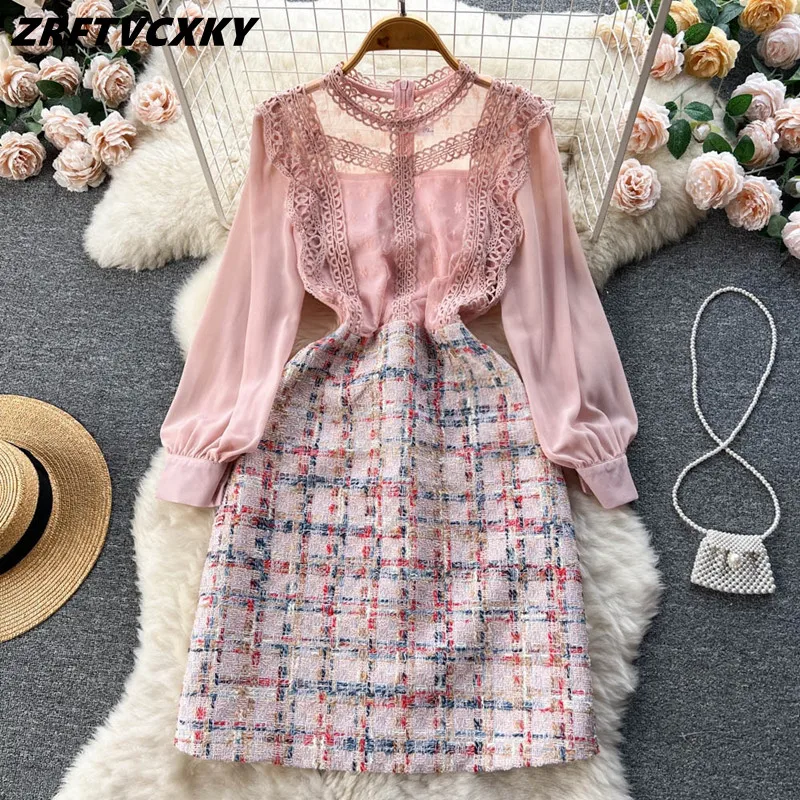 

Runway Spring Autumn Hollow Out Lace Patchwork Tweed Dress Women's Fashion Chiffon Sleeve Gorgeous Flower Sweet Vestidos