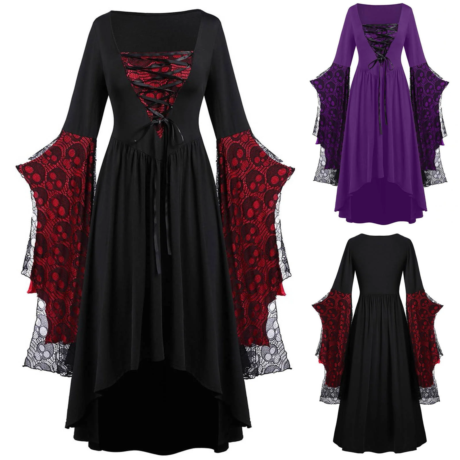Moda gótico retro do dia das bruxas, vestido de cópia da abóbora do fantasma, vestido de casamento feminino do vampiro