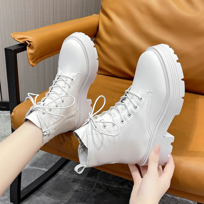 Botas-blancas-con-cordones-para-Mujer-botines-de-plataforma-con-suela ...