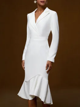 Fashion Lapel Long-sleeved Elegant Hip-wrapped Fishtail Midi Dress