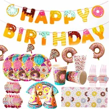 

Donut Party Supplies Disposable Tableware Paper Plates Napkins Straws Baby Shower Birthday Party Decorations Gifts Box Carnival