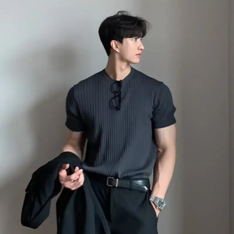 남성용 반팔 니트 상의, 한국 스타일, 슬림하고 부드러운 실루엣 스타일, 멋진 라운드 넥, 다목적 티셔츠, 여름