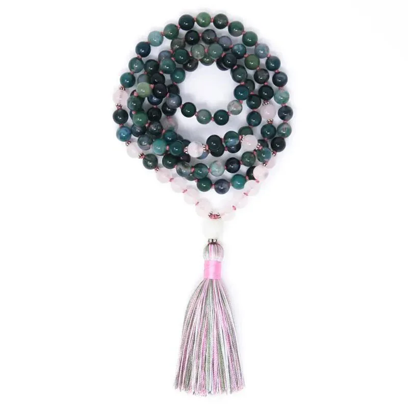 

Moss A-gate Mala Prayer Beads Long Tassel Mala Necklace 108 Knotted Natural Stone Yoga Jewelry Gift for Women