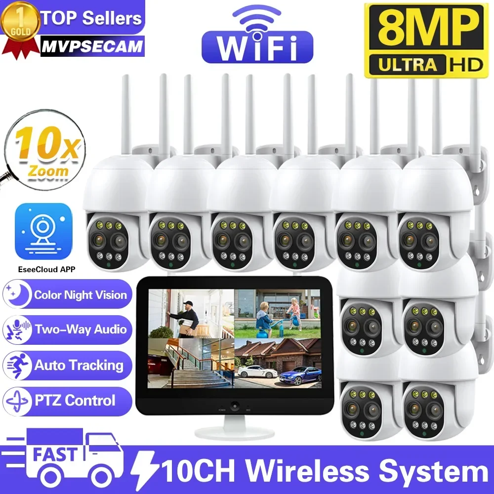 

12.5 Inch Monitor 10CH NVR Kit Wireless PTZ Security 8MP 10X Zoom Camera System 2-Way Audio Home Wifi CCTV Surveillance Cameras