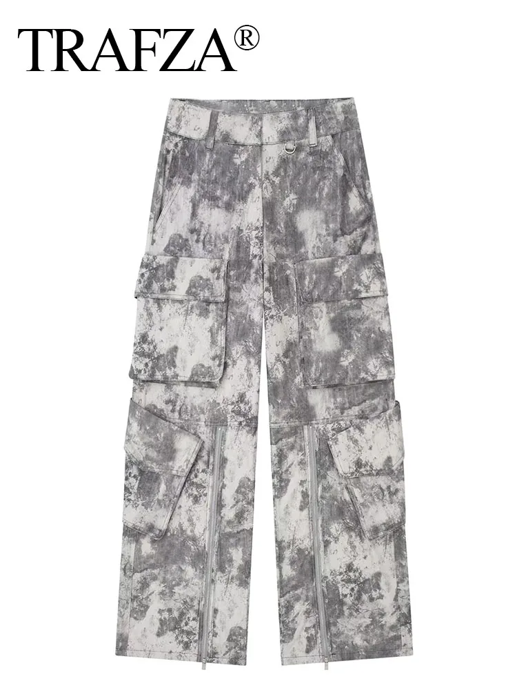 

TRAFZA Woman New Fashion Grey Vintage Printing Pocket Decorate High Waist Casual Cargo Pants Elegant Female Street Long Pants