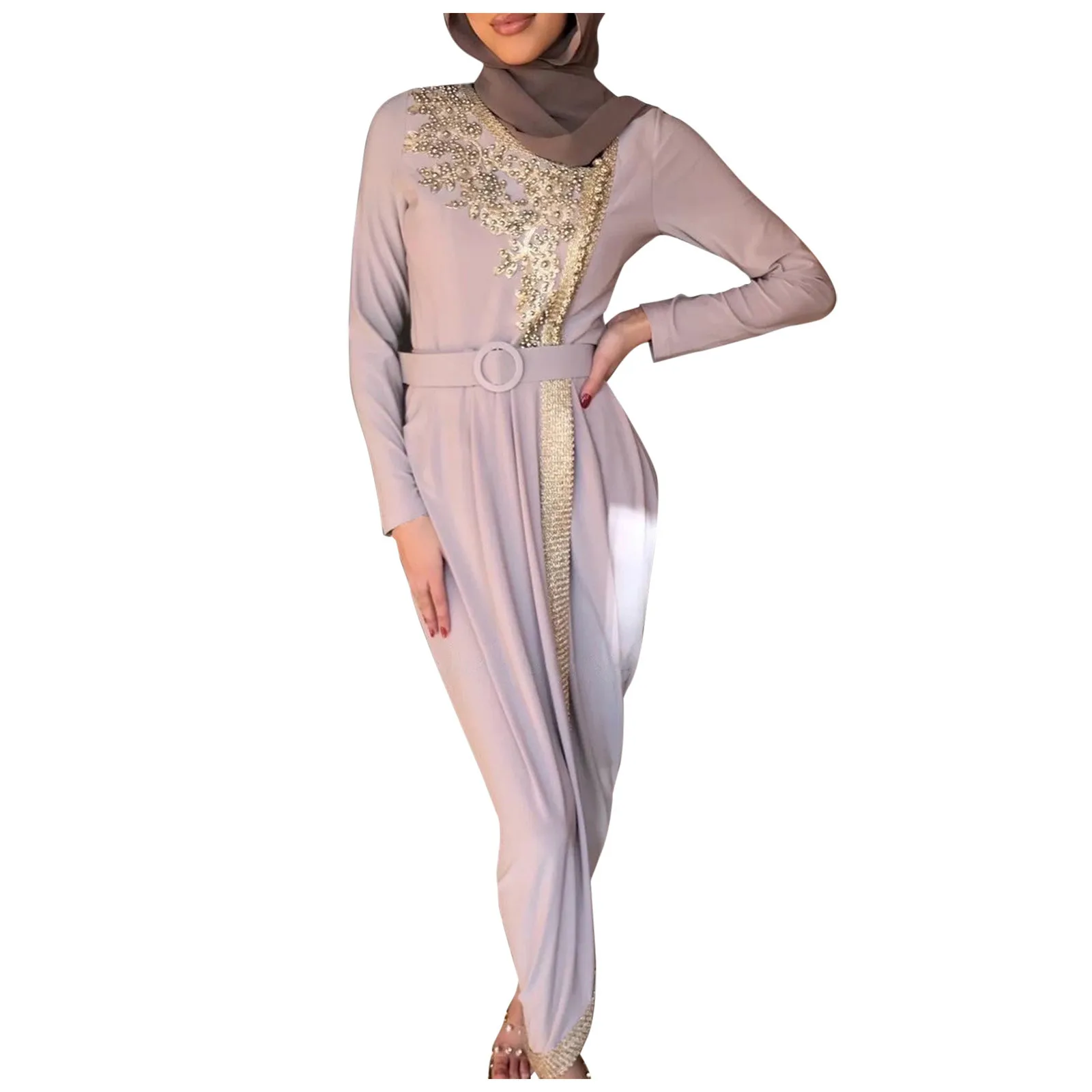 

2023 Women'S Solid Color Long Sleeve Satin Soft Embroidered Waist And Dress robe femme musulmane שמלה צנועה ملابس محجابات