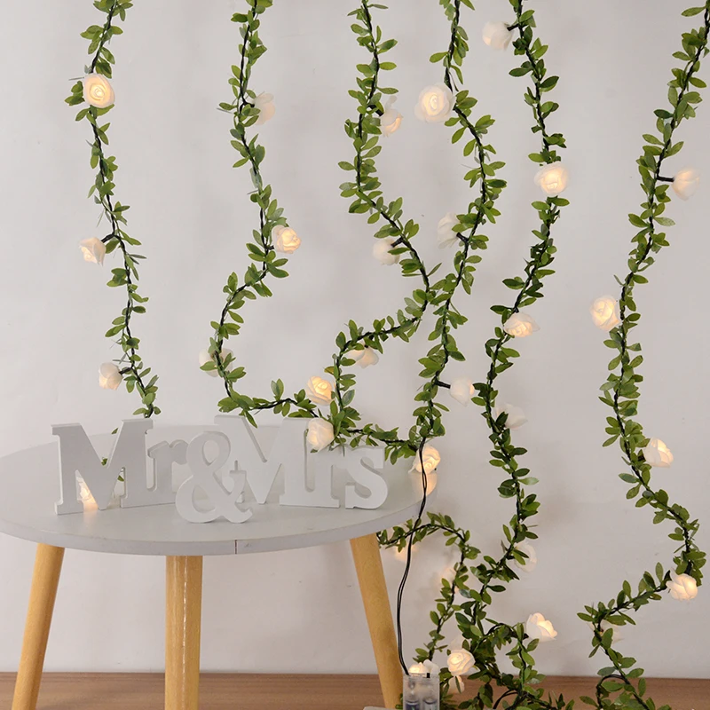 Rose Flower Led Fairy String Lights Artificial Green Leaf Rattan Wedding Birthday Party Home DIY Decoration Christmas Garland